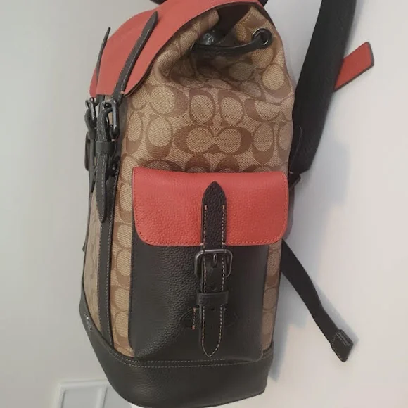 NWT COACH Signature Hudson Backpack in Colorblock Canvas Khaki/ Terracotta - Picture 3 of 14